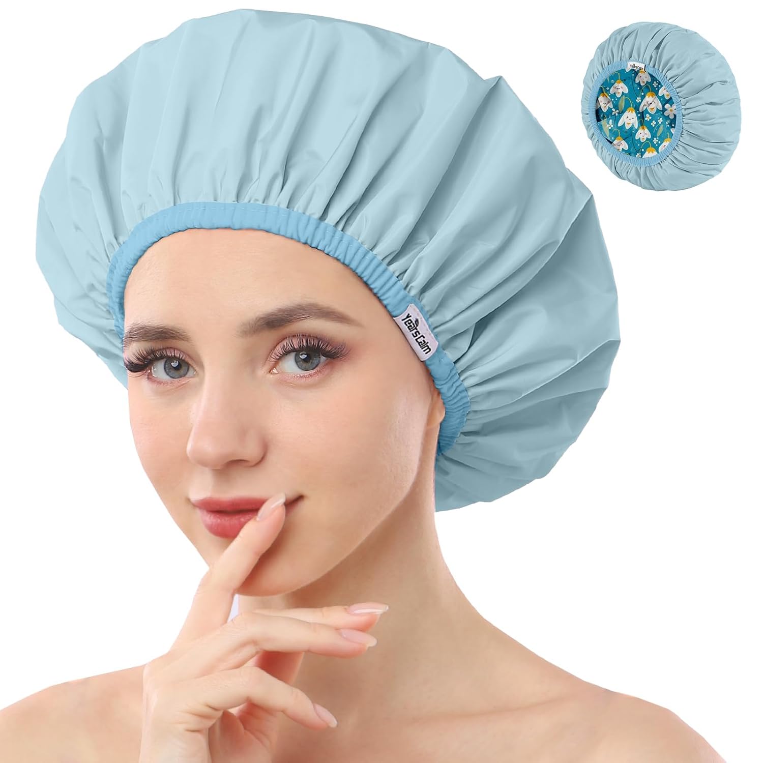 Shower Caps for Women Reusable Waterproof, Double Layer Waterproof Fabric - Both Sides Usable, Reversible Pattern & Solid Color Design, Soft Elastic Keeps Hair Dry for shower Spa Travel