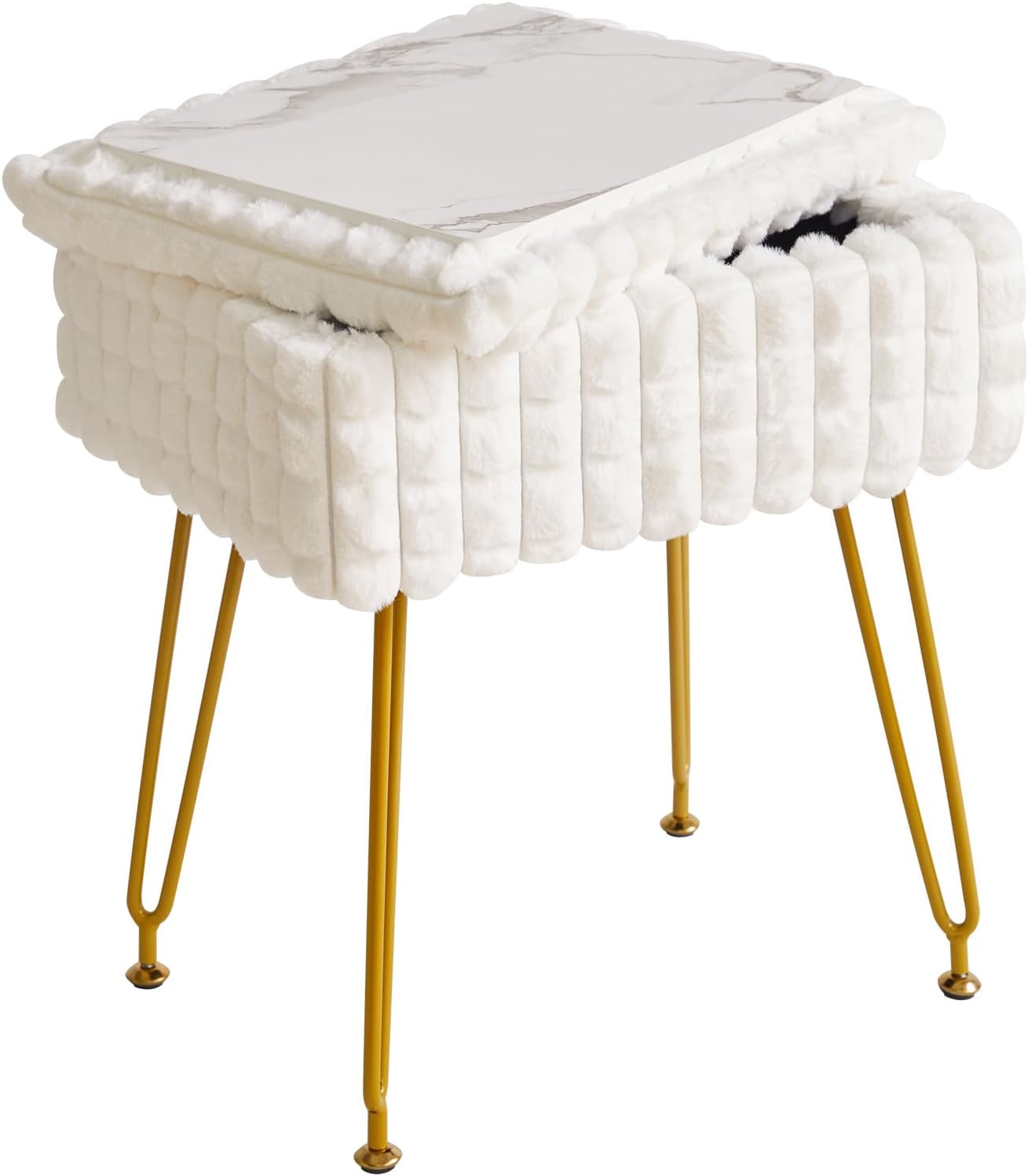 Rectangle Vanity Chair with Storage Space, Footrest Footstool Ottoman, Vanity Stool, Dressing Table Chair, with Anti-Slip Feet, for Makeup Room, Bedroom, Square Grid Pattern, White WBD004W