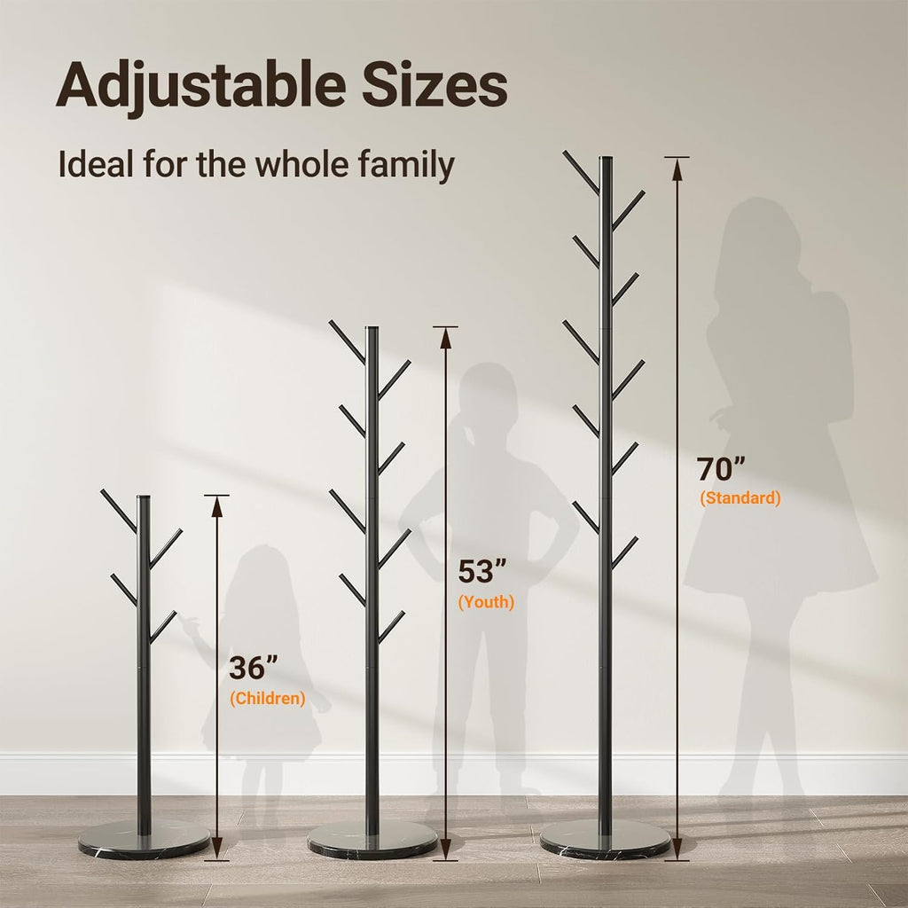 Coat Rack Freestanding with Natural Marble Base, Metal Coat Rack Stand with 10 Hooks, 3 Adjustable Size Coat Tree for Bags, Clothes, and Hats for Entryway, Bedroom, Hallway, Office, Black