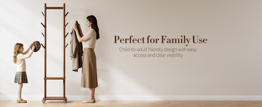 Solid Wood Coat Rack Freestanding - Rolling Clothes Rack with 8 Hooks & Shelves, Small Clothing Rack with Wheels, Heavy Duty Clothing Racks for Hanging Clothes, Portable Hall Tree for Entryway