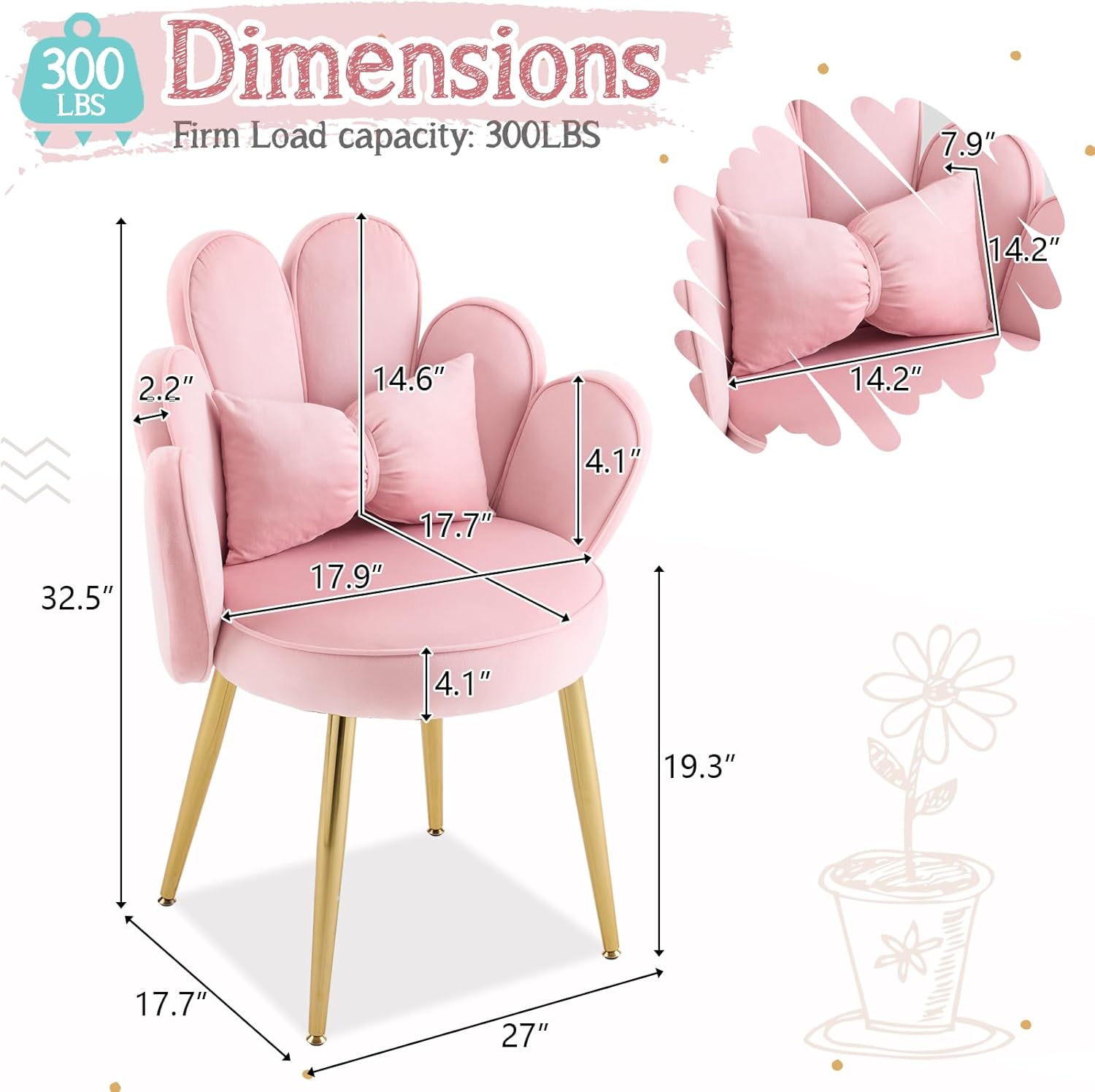 Makeup Vanity Chair with Back,Flower Cute Girls Desk Chair Comfy No Wheels,Modern Dining Chair,Small Accent Chair with Adustable Gold Legs&Bow Pillow for Home Office,Bedroom,Velvet,Pink